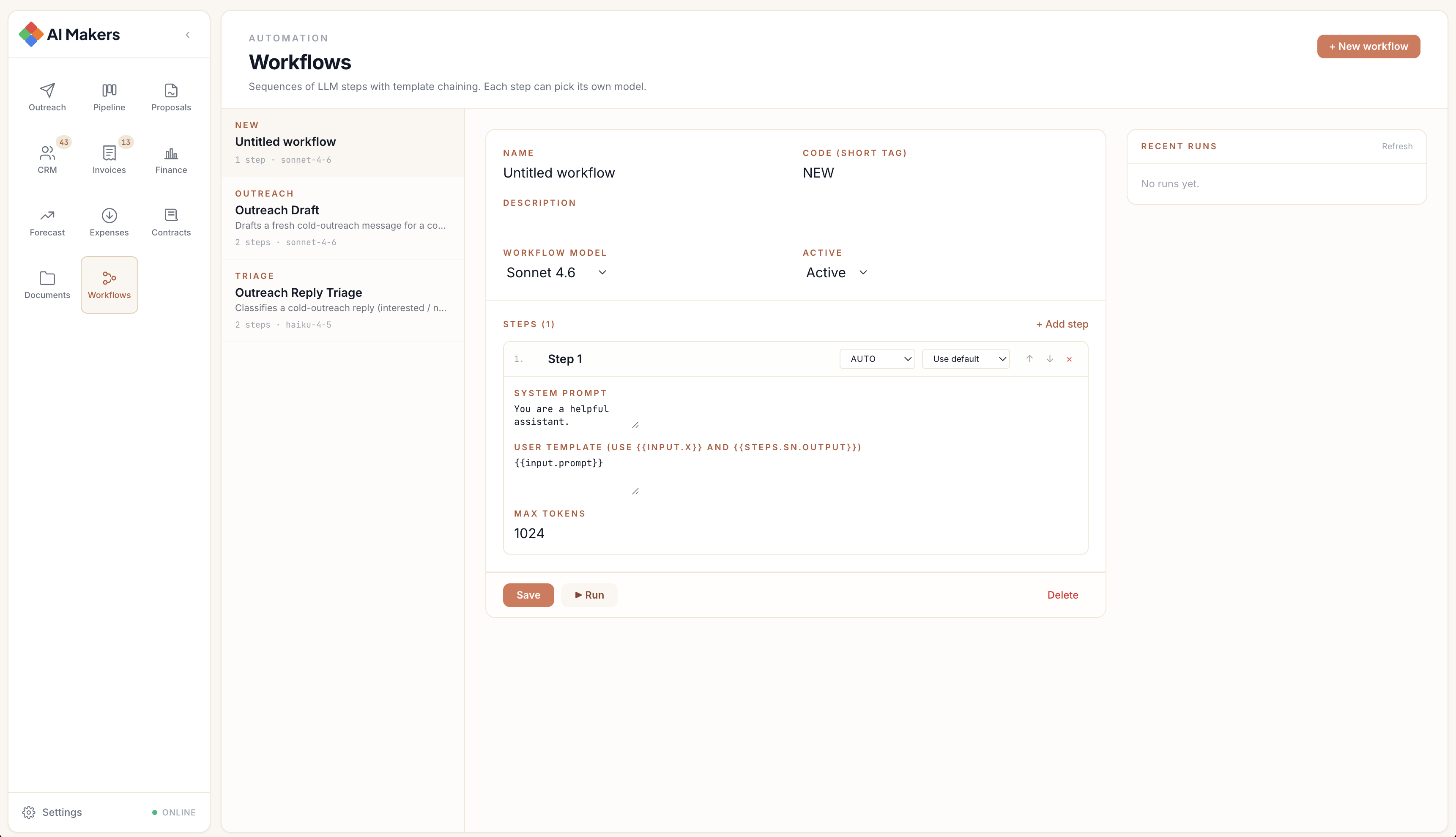 Mark Management — the real starter Business OS. Sidebar nav, workflow engine editor, real-time run history.